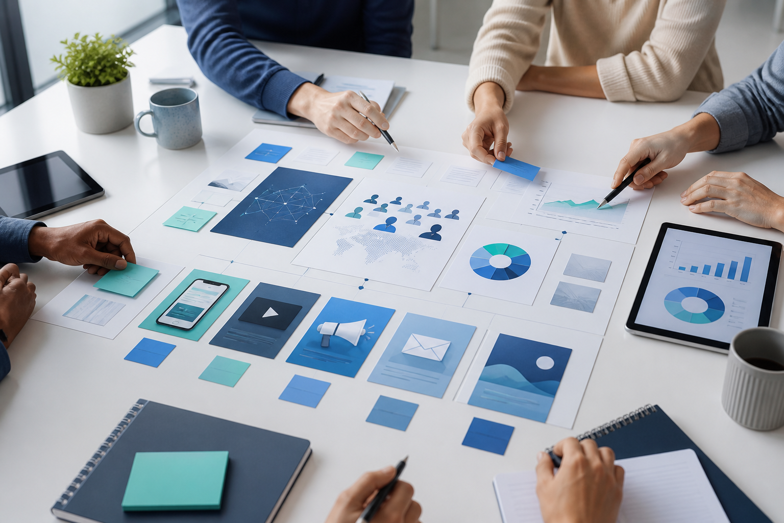 Marketing strategy collaboration with campaign planning materials, audience maps, and analytics charts
