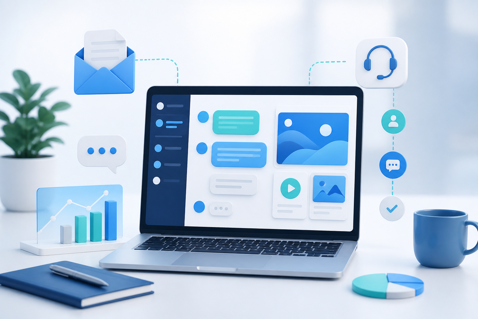 Digital communication workspace with email, support, campaign cards, and analytics visuals