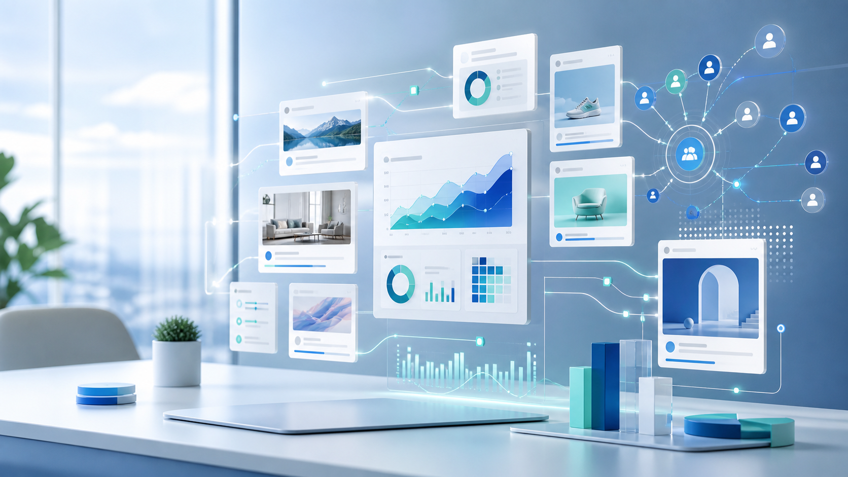 Abstract digital advertising operations dashboard with campaign cards, audience targeting, and analytics